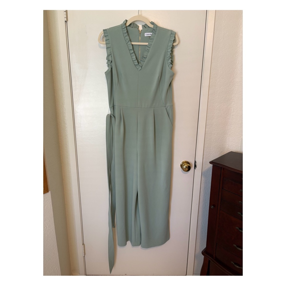 Calvin Klein Ruffle V-Neck Jumpsuit Dress in Sage
